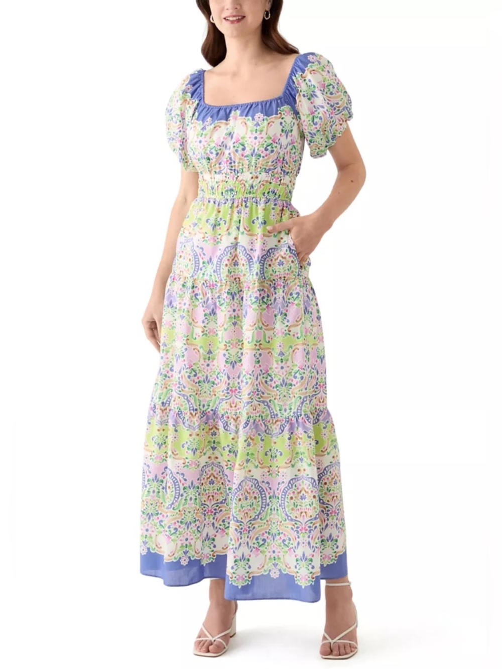 Maison Tara Floral Puff Sleeve Square Neck Printed Maxi Dress Size 8 NWOT